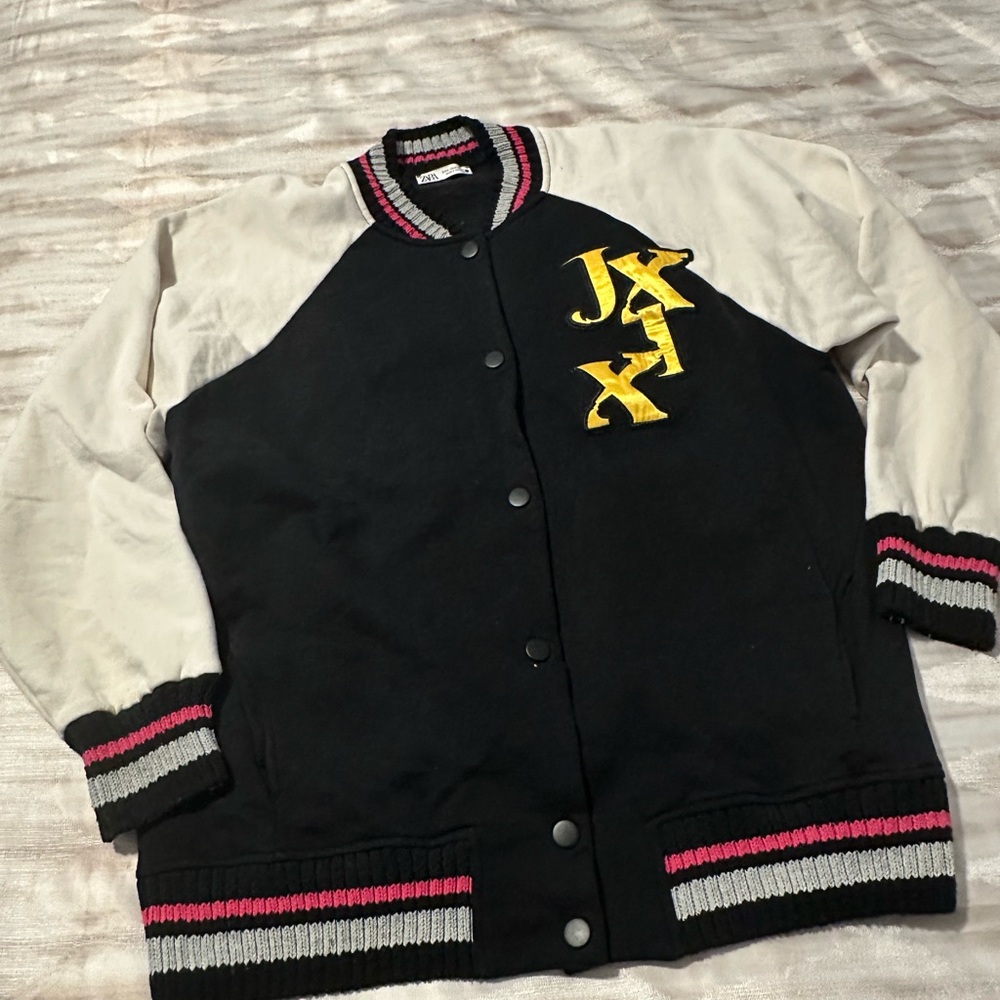 Zara Black and Cream Varsity Jacket with Yellow Lettering
